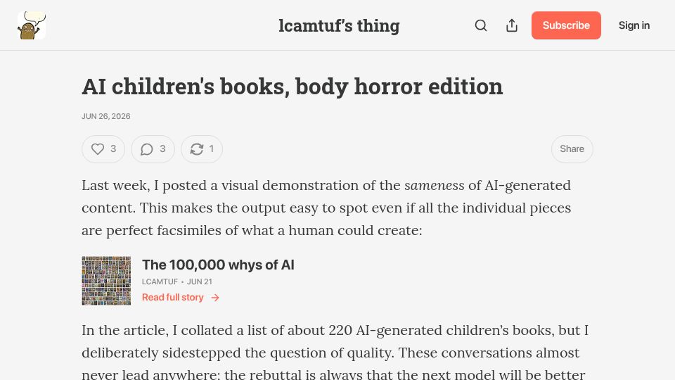 Screenshot of lcamtuf.substack.com: AI children's books, body horror edition