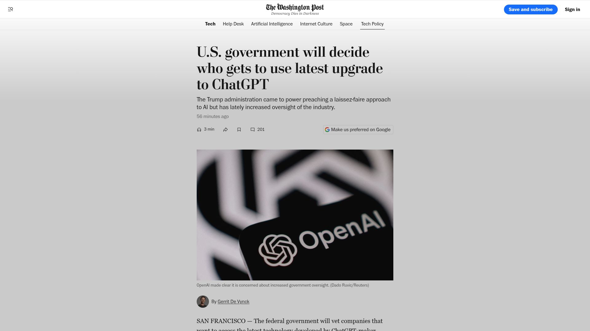 Screenshot of washingtonpost.com: U.S. government will decide who gets to use GPT-5.6
