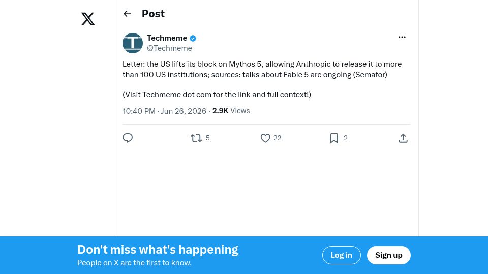 Screenshot of semafor.com: U.S. allows Anthropic to release Mythos AI to ‘trusted’ US organizations