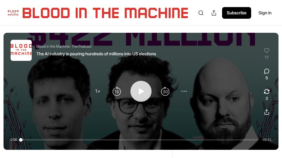Screenshot of bloodinthemachine.com: The AI industry is pouring millions into US elections