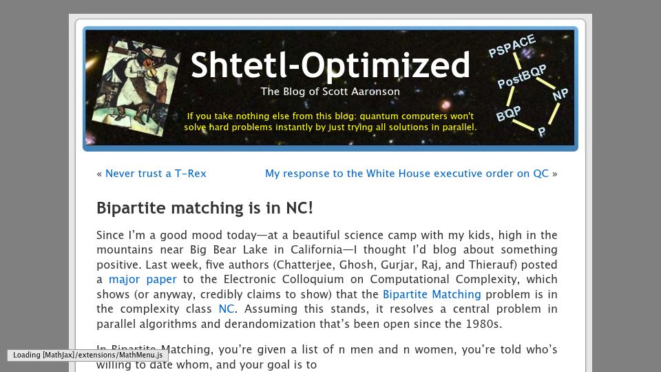 Screenshot of scottaaronson.blog: Bipartite Matching Is in NC