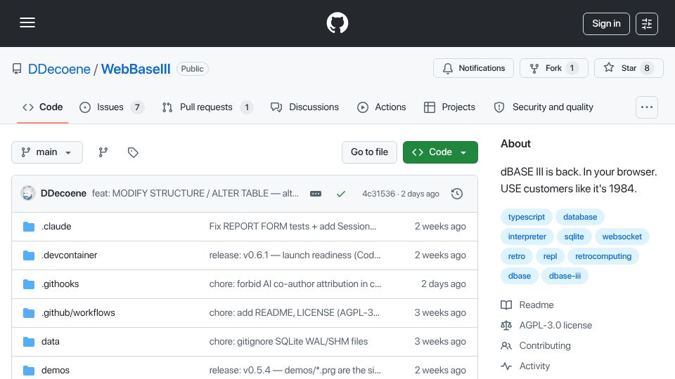 Screenshot of github.com: Show HN: WebBase-III – dBASE III rebuilt in the browser with its own interpreter