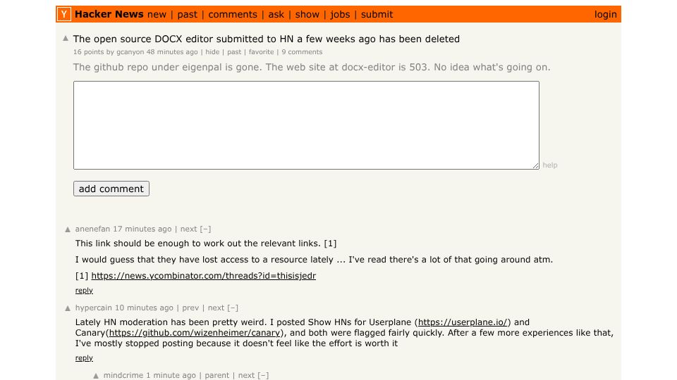 Screenshot of Hacker News post: The open source DOCX editor submitted to HN a few weeks ago has been deleted