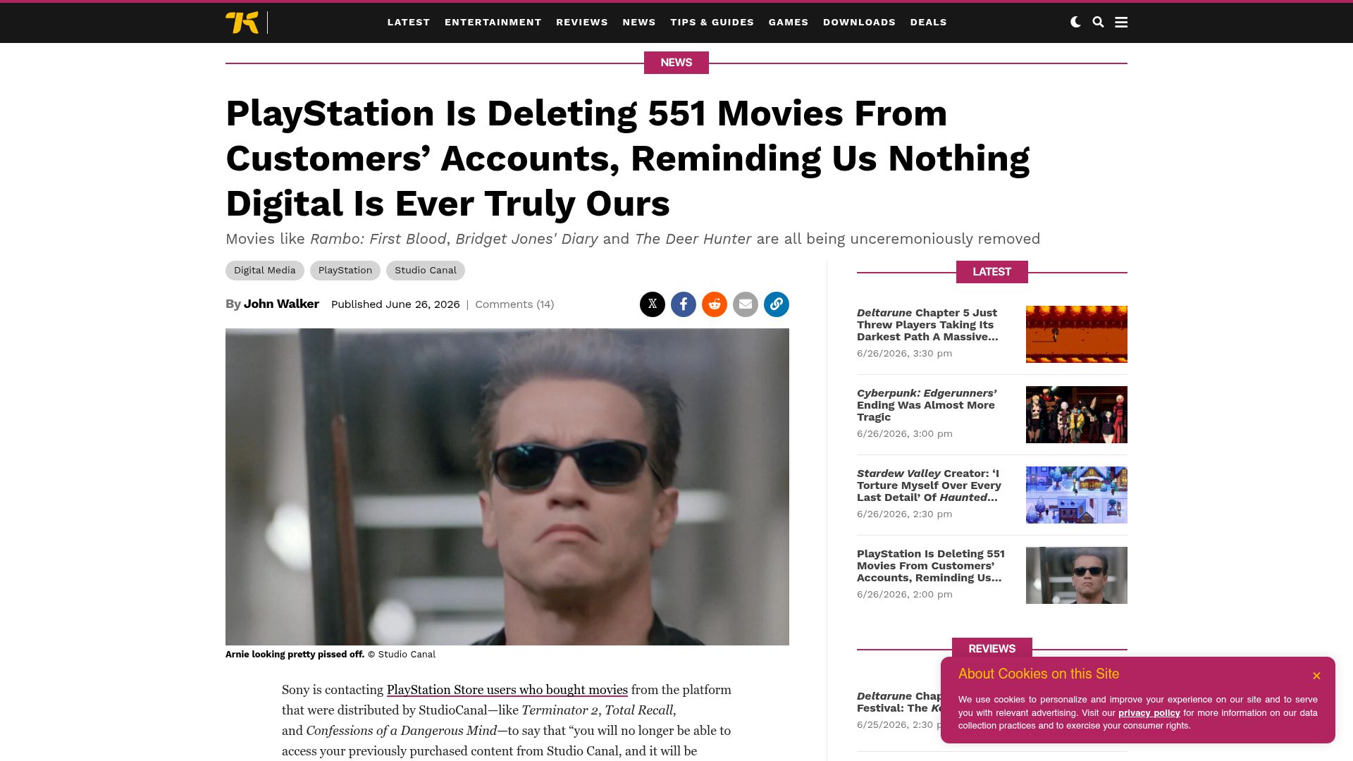 Screenshot of kotaku.com: PlayStation Is Deleting 551 Movies from Customers' Accounts