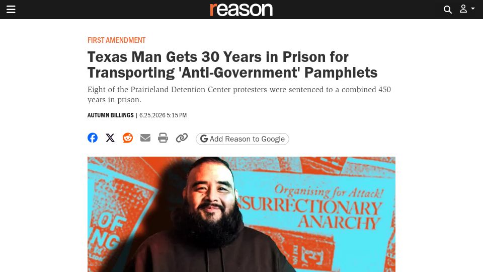 Screenshot of reason.com: Texas Man Gets 30 Years in Prison for Transporting 'Anti-Government' Pamphlets