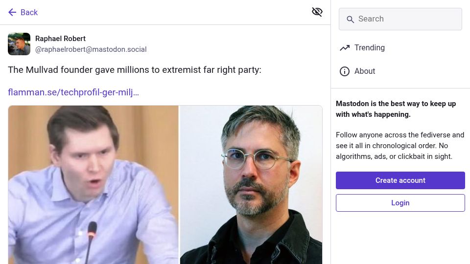 Screenshot of mastodon.social: Mullvad founder gave millions to extremist far right party