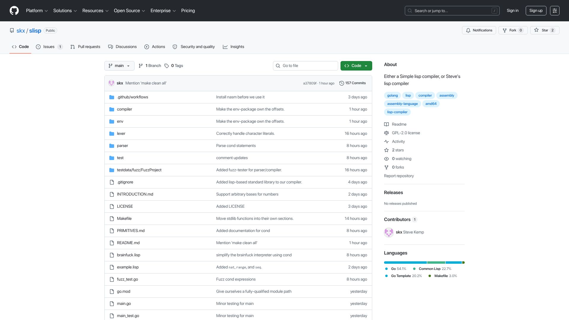 Screenshot of github.com: Slisp: Simple Lisp compiler (Linux/amd64)