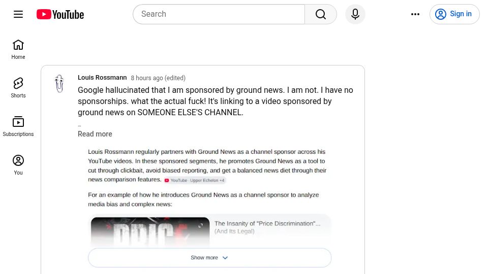 Screenshot of youtube.com: Google hallucinated that I am sponsored by Ground News