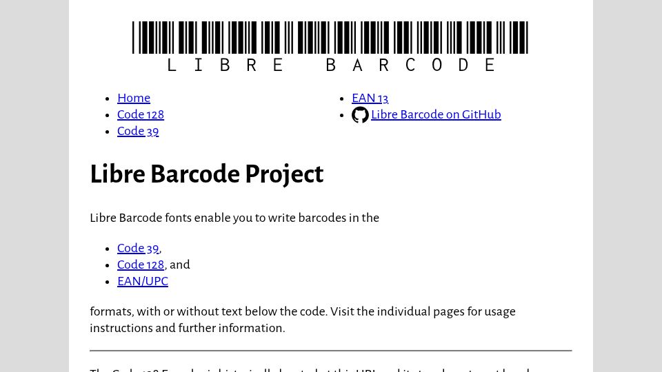 Screenshot of graphicore.github.io: Libre Barcode Project