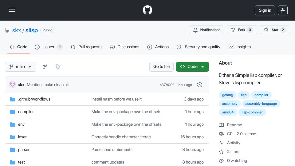 Screenshot of github.com: Slisp: Simple Lisp compiler (Linux/amd64)