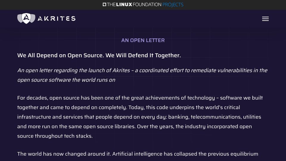 Screenshot of akrites.org: We all depend on open source. We will defend it together