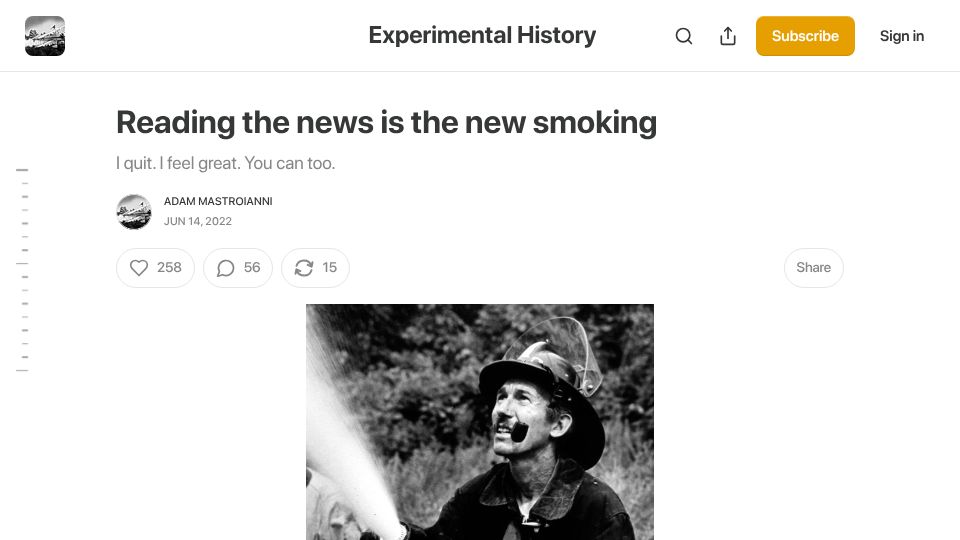 Screenshot of experimental-history.com: Reading the news is the new smoking