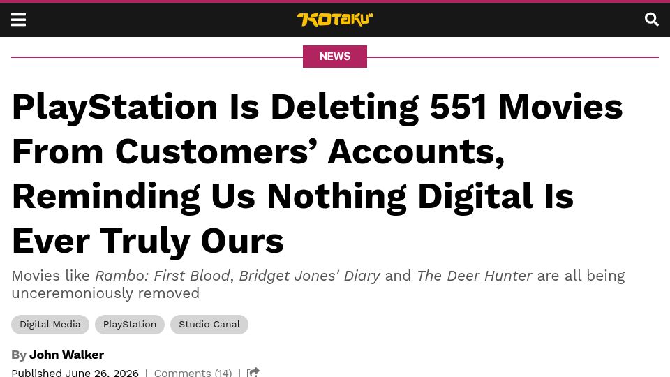 Screenshot of kotaku.com: PlayStation Is Deleting 551 Movies from Customers' Accounts