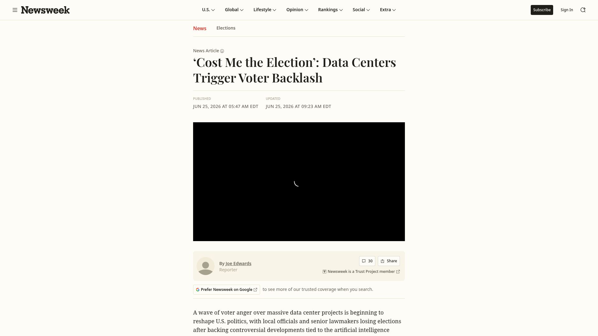 Screenshot of newsweek.com: Data centers trigger voter backlash