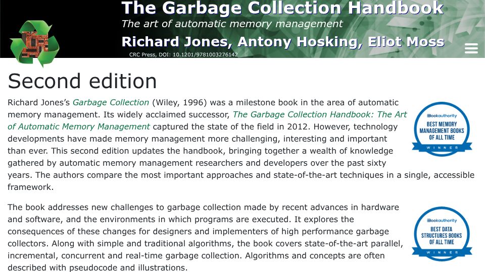 Screenshot of gchandbook.org: The Garbage Collection Handbook: The Art of Automatic Memory Management (2nd Ed) (2023)