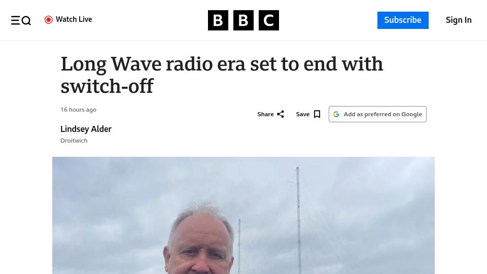 Screenshot of bbc.com: Long Wave radio era set to end with switch-off