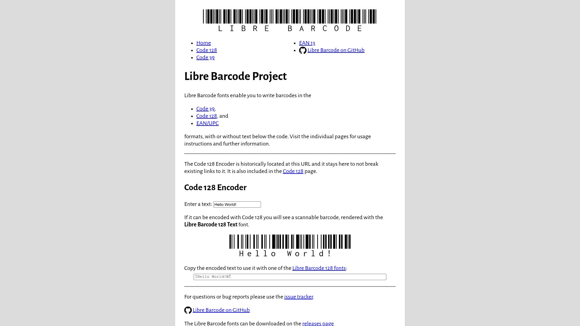 Screenshot of graphicore.github.io: Libre Barcode Project