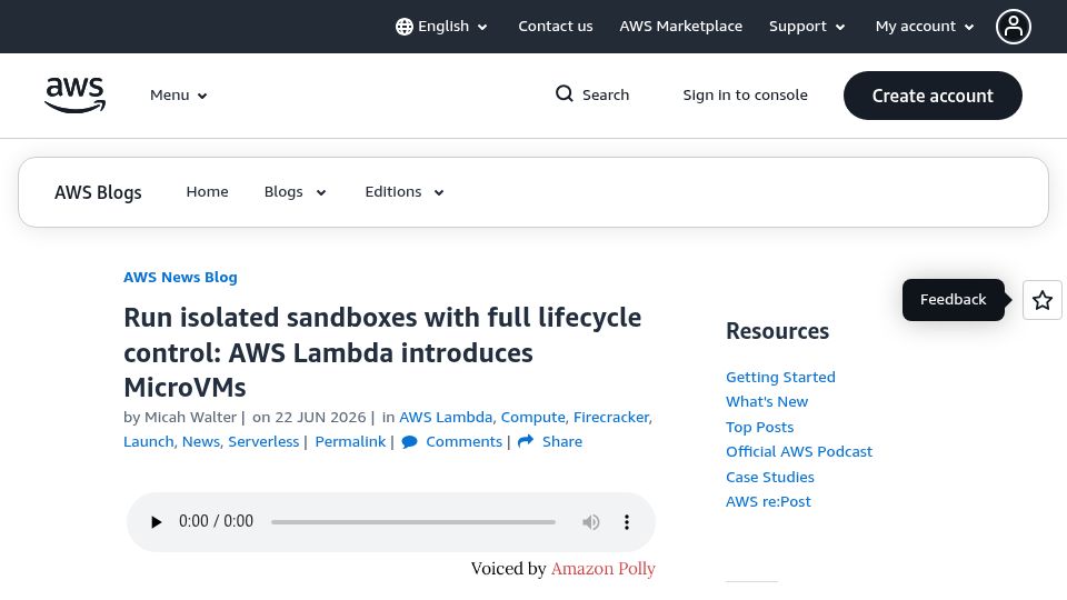 Screenshot of aws.amazon.com: MicroVMs: Run isolated sandboxes with full lifecycle control
