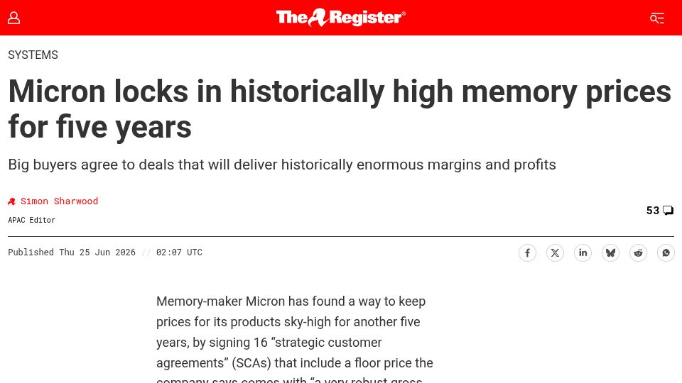 Screenshot of theregister.com: Micron locks in historically high memory prices for five years