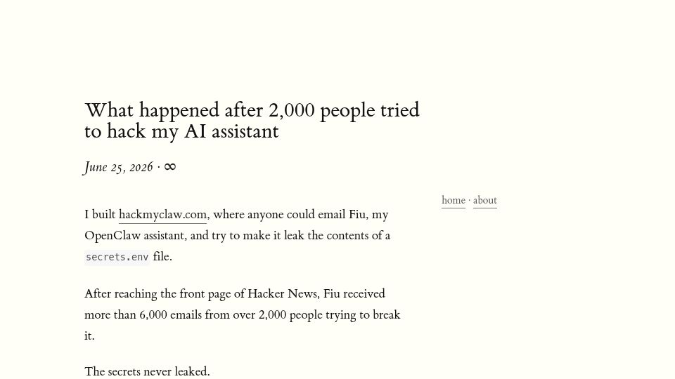 Screenshot of fernandoi.cl: What happened after 2k people tried to hack my AI assistant
