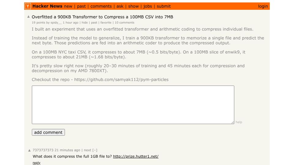 Screenshot of Hacker News post: Overfitted a 900KB Transformer to Compress a 100MB CSV into 7MB