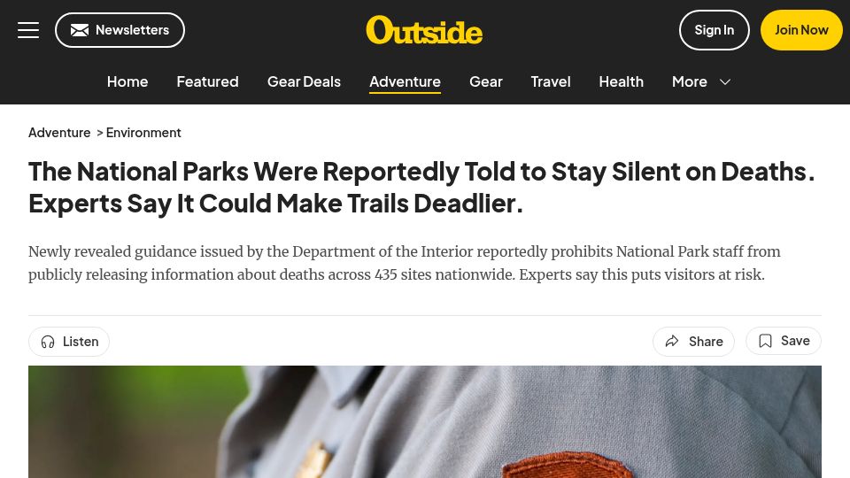 Screenshot of outsideonline.com: The National Parks Were Reportedly Told to Stay Silent on Deaths