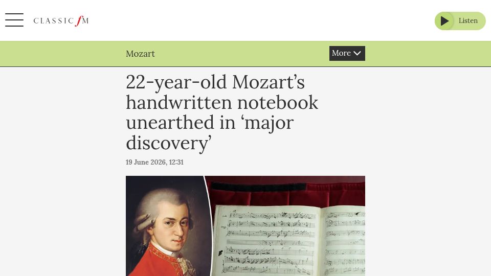 Screenshot of classicfm.com: 22-year-old Mozart's handwritten notebook unearthed in 'major discovery'