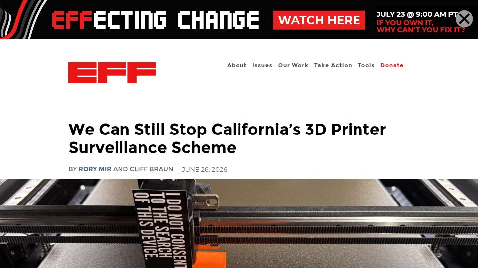 Screenshot of eff.org: We can still stop California's 3D printer surveillance scheme