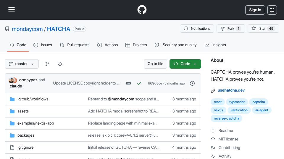 Screenshot of github.com: Captcha proves you're human. HATCHA proves you're not