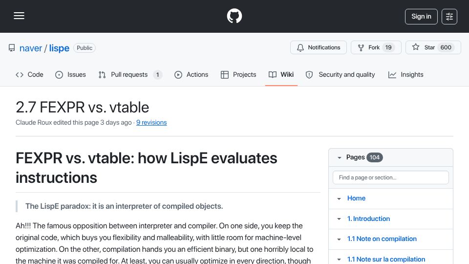 Screenshot of github.com: FEXPRs vs. vtable: how LispE interpreter works