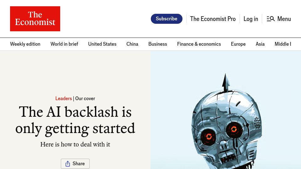 Screenshot of economist.com: The AI backlash is only getting started