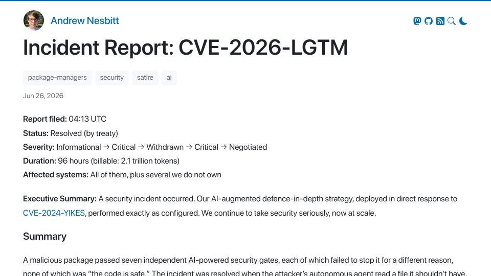 Screenshot of nesbitt.io: Incident CVE-2026-LGTM