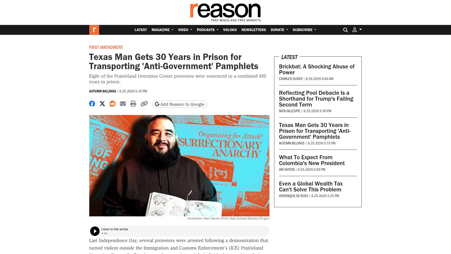Screenshot of reason.com: Texas Man Gets 30 Years in Prison for Transporting 'Anti-Government' Pamphlets
