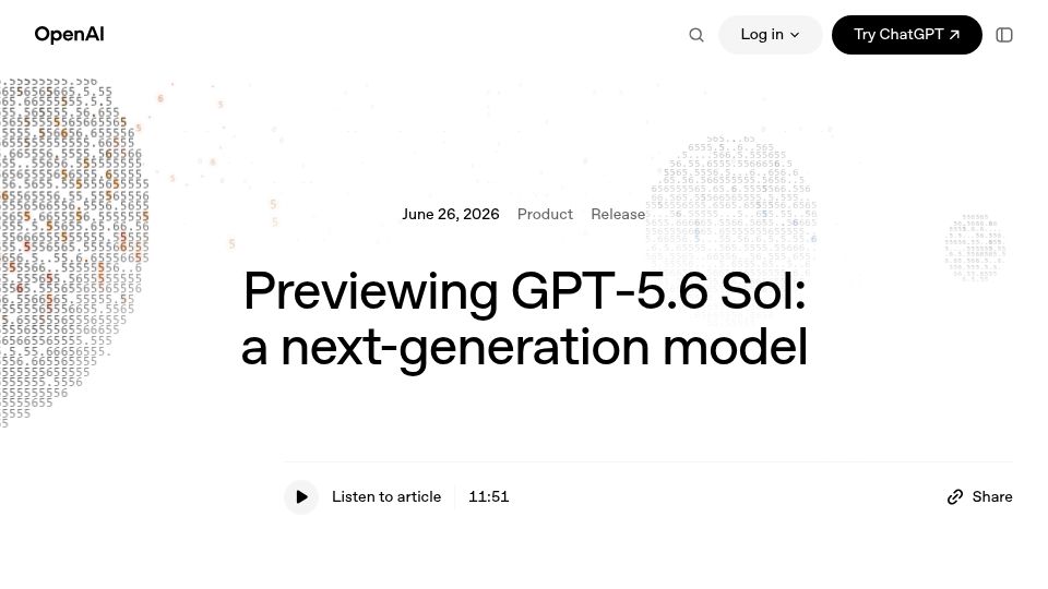 Screenshot of openai.com: Previewing GPT‑5.6 Sol: a next-generation model