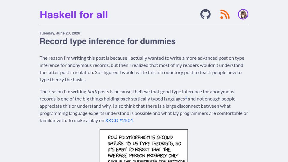 Screenshot of haskellforall.com: Record type inference for dummies