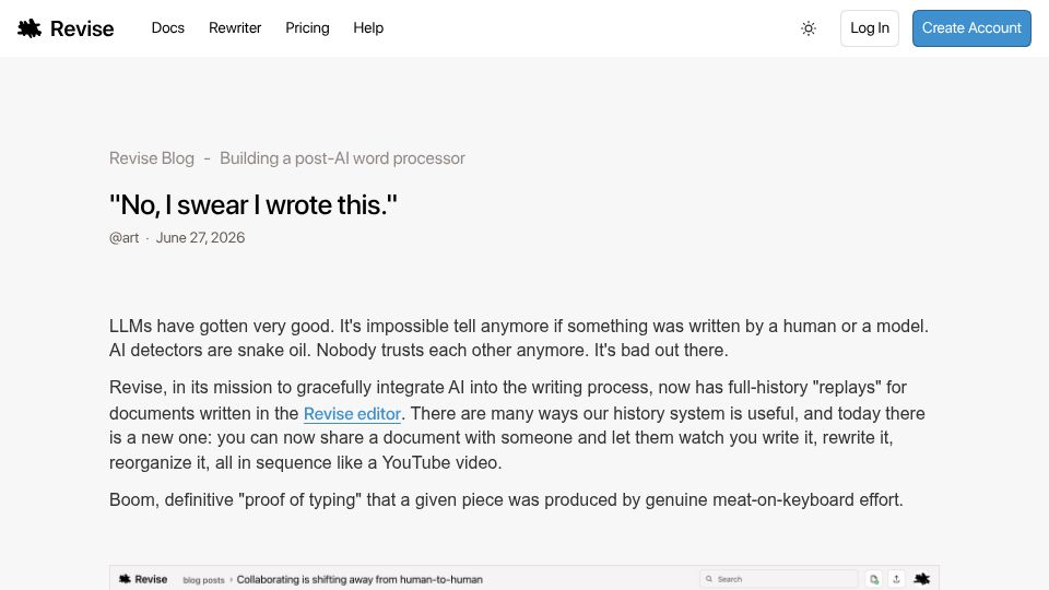 Screenshot of revise.io: "No, I swear I wrote this."