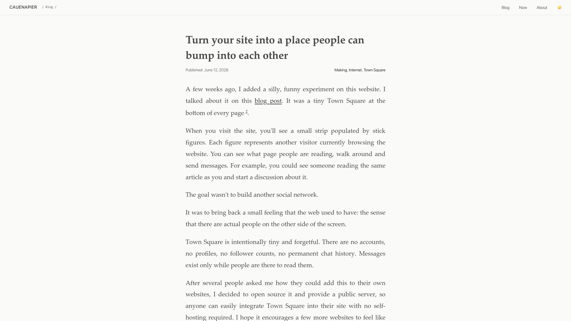 Screenshot of cauenapier.com: Turn your site into a place people can bump into each other