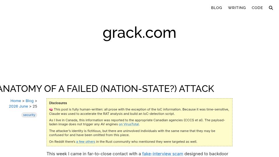 Screenshot of grack.com: Anatomy of a Failed (Nation-State?) Attack