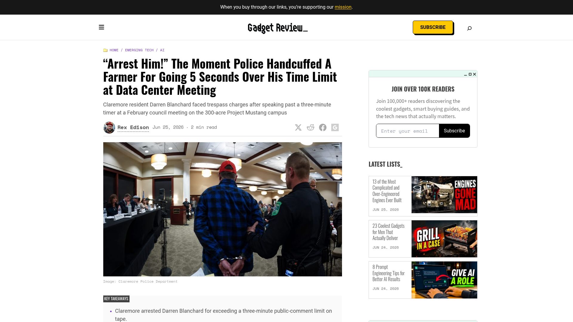 Screenshot of gadgetreview.com: A Farmer Arrested for Going 5 Seconds over His Time Limit at Data Center Meeting