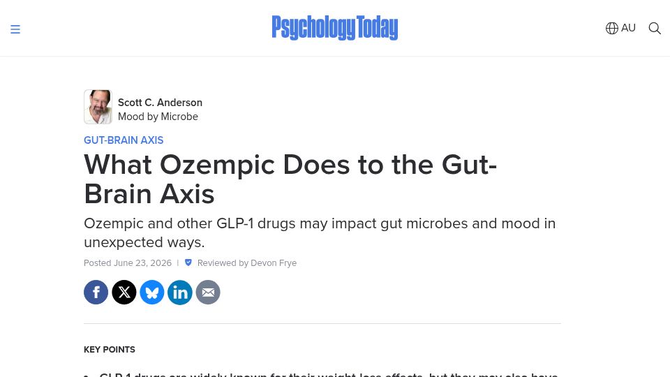 Screenshot of psychologytoday.com: What Ozempic does to the gut-brain axis