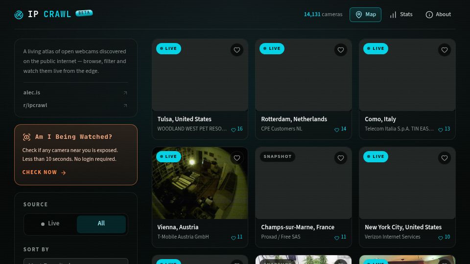 Screenshot of ipcrawl.com: IP Crawl: Living atlas of open webcams discovered on the public internet