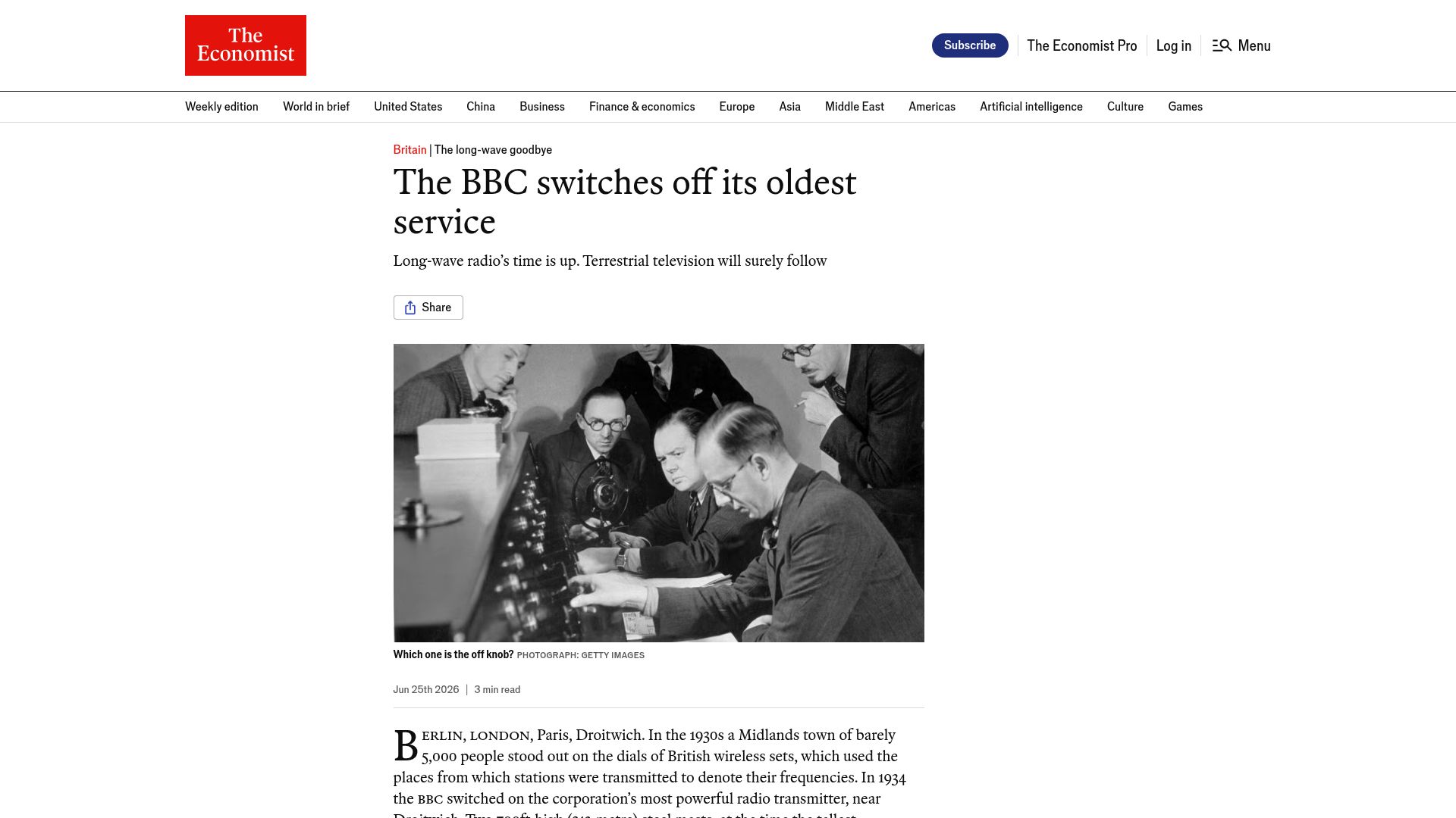 Screenshot of economist.com: Long Wave radio era set to end with switch-off