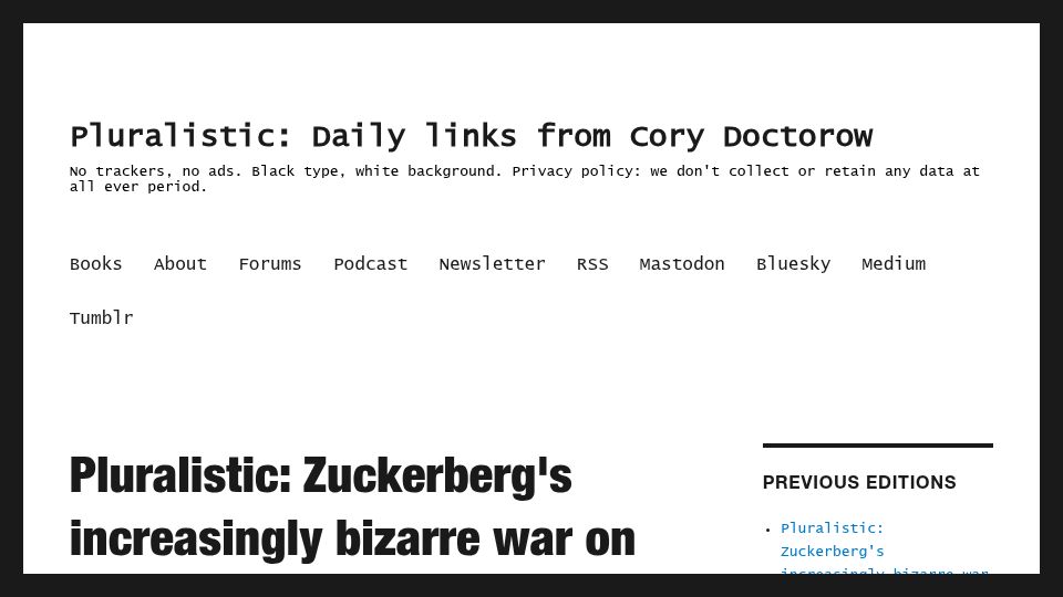 Screenshot of pluralistic.net: Zuckerberg's war on whistleblowers