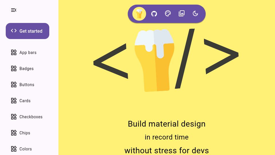 Screenshot of beercss.com: Beer CSS – Build material design in record time