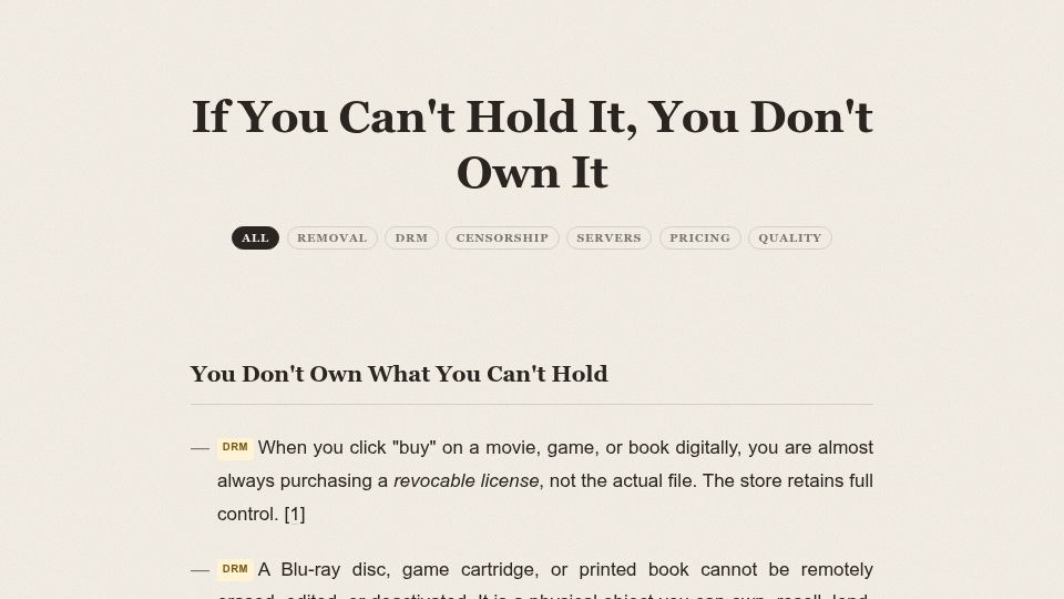 Screenshot of dervis.de: The case for physical media ownership