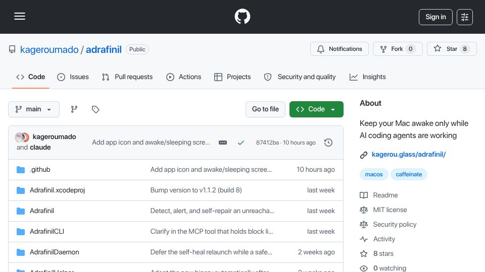 Screenshot of github.com: Show HN: Adrafinil – keep a lid-closed Mac awake only while agents work