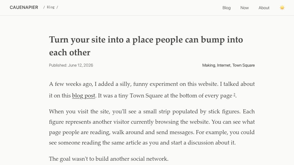 Screenshot of cauenapier.com: Turn your site into a place people can bump into each other