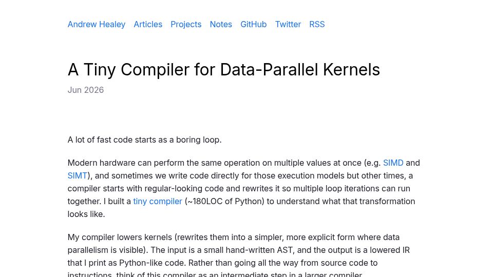 Screenshot of healeycodes.com: A Tiny Compiler for Data-Parallel Kernels