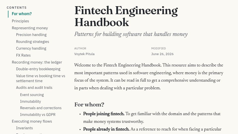 Screenshot of w.pitula.me: Fintech Engineering Handbook