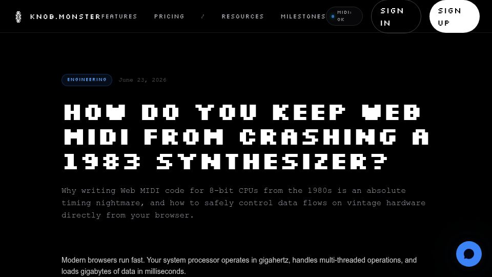 Screenshot of knob.monster: How do you keep Web MIDI from crashing a 1983 synthesizer?